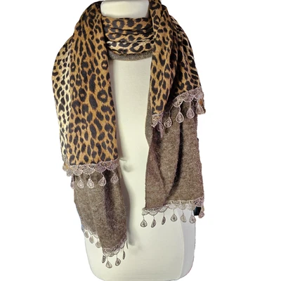 Bufanda Marrón Estampado Leopardo Boho Tejido Encaje Flecos Talla Única 12" x 74" Rikka NUEVO Foto 1 de 4