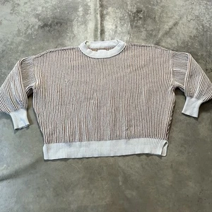 Aerie Sweater Womens Size Large Beyond Chenille Tan Striped Crewneck Boxy - Picture 1 of 8