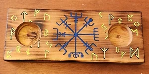 Hand-made Wooden Icelandic Vegvisir sigil tea light candle holder with runes - Picture 1 of 1