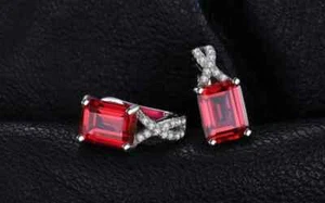 Lab Created Red Ruby Earring, 925 Sterling Silver Earring, Wedding Gift Earring - Picture 1 of 3