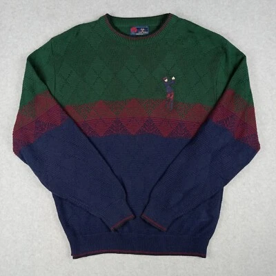 Isle of Cotton Golfer Sweater Mens Large Argyle Knit Blue Red Green Grandpa Vtg - Image 1 of 4