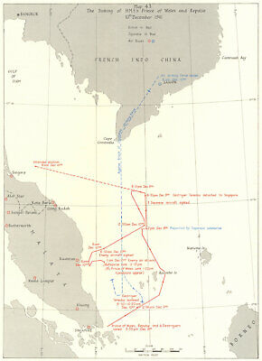 MALAYSIA. Sinking Of HMS's Prince Wales & Repulse, 10th Dec 1941 1954 Old Map • 18.99£