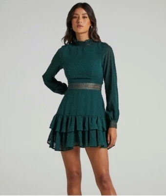 Mini Vestido Showpo Are You Gonna Kiss Me Puños Manga Larga Verde Esmeralda Talla 4 Foto 1 de 4