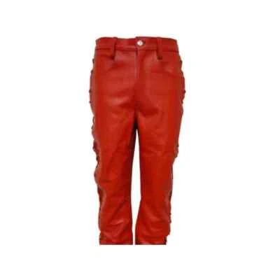 Nuevos Pantalones Rojos Hombres Genuinos Con Cordones Motociclista Elegante Diseñador Cuero Piel de Cordero Pista Foto 1 de 4
