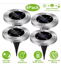 4PC LED Solar Ground Lights Outdoor Waterproof Ground Flat Garden Lawn Deck Path - Picture 1 of 9