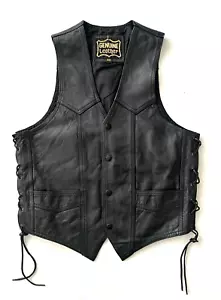 Genuine Leather Motorcycle Biker Vest Men's 40 Black Lace Up Sides - Picture 1 of 11