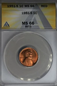 1951-S .01 ANACS MS 66 RED Lincoln Head Cent, Lincoln One Cent - Picture 1 of 2