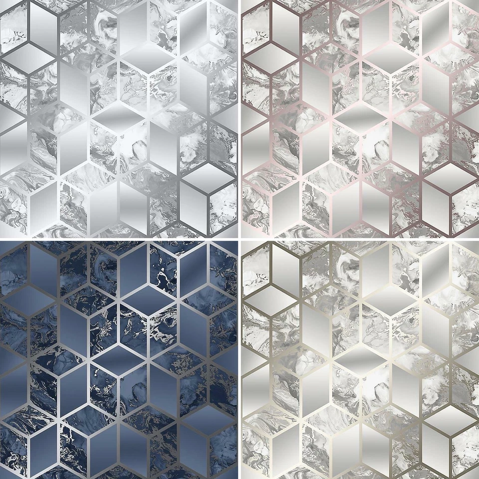 Papel pintado geométrico de mármol líquido Elixir Muriva Oro rosa metálico Plata Azul marino Foto 1 de 1