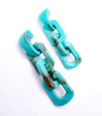 PRECIOSOS Pendientes Gruesos Azul Marrón Mármol Resina Lucita Eslabones Cadena Poste Colgante Foto 1 de 4