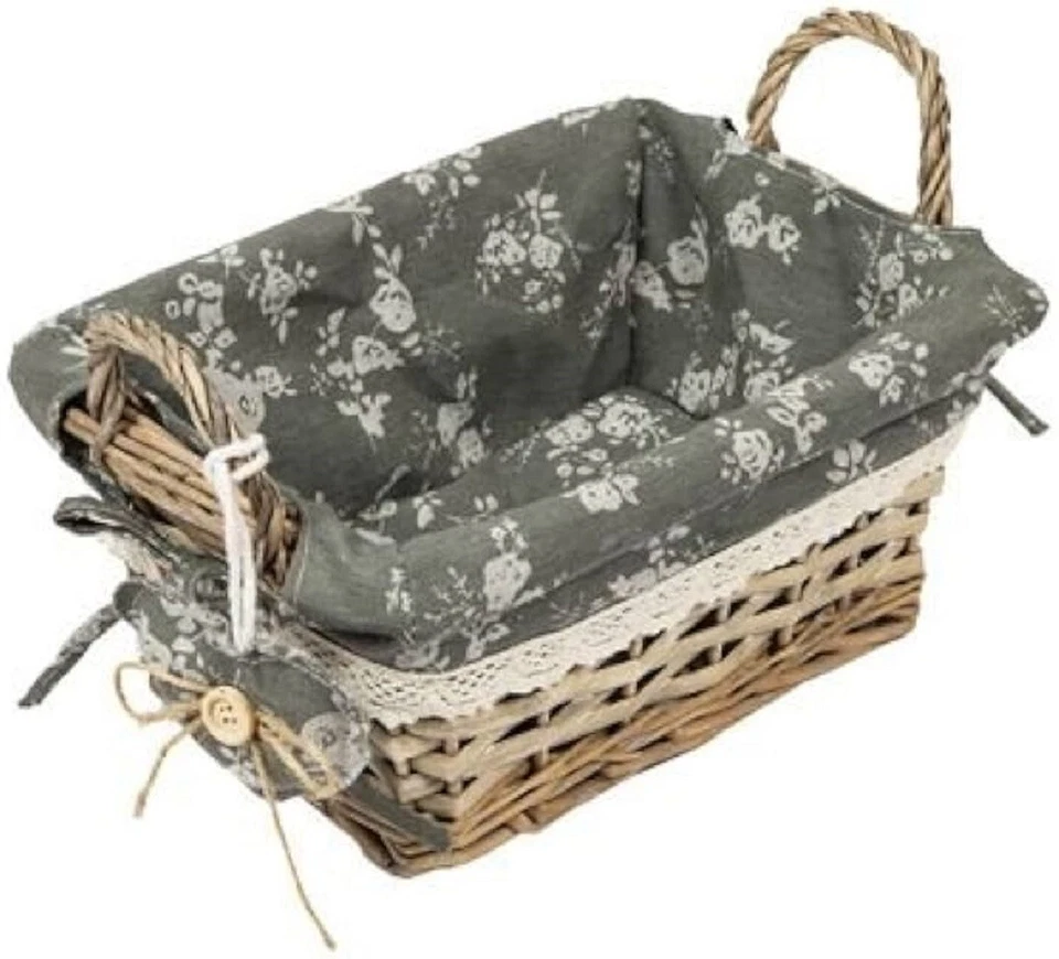 Floral Wicker Willow Storage Basket Grey Liner Lace Trim & Handle Gift Hamper - Image 1 of 1