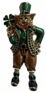 NAPIER Saint Patrick's Leprechaun Shamrock Pin Brooch Enamel Green Rhinestones - Picture 1 of 6