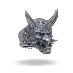 Japanese Mythology Protection Oni Mask Ring Biker Oxidized Men's 925 Silver Gift - Picture 1 of 7
