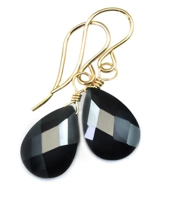 14k Gold Cubic Zirconia Earrings Black CZ Sterling Pear Faceted Dangle Drops - Image 1 of 4