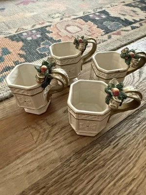 4 Fitz & Floyd Snowy Woods кремовое золото акценты Рождественский пьедестал кружка 1996 - Изображение 1 из 4