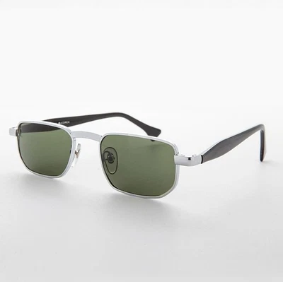 Slim Rectangular Vintage Sunglass with Silver / Black / Green Lens - Clint - Image 1 of 3