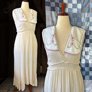 Vintage Floral Embroidered Crochet Lace Bib Collar Smocked Gauze Maxi Dress Sz M - Picture 1 of 15