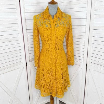Vestido Nanette Lepore Mujer 6 Amarillo Oscuro Encaje Calce Acampanado Camisa Manga Larga Rodilla Foto 1 de 4