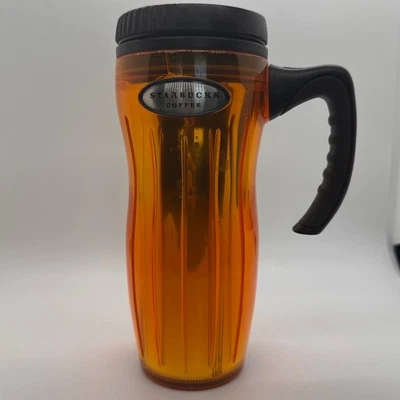 Starbucks Coffee Mug Tumbler Orange Metallic Travel Cup With Handle 2004 Vintage - Image 1 of 4