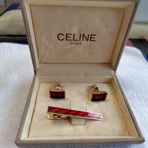 CELINE Authentic business cufflinks tie pin 3 piece set men's used with box - Picture 1 of 4