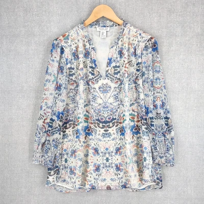 Blusa Rachel Zoe Mujer XL Azul Multicolor Floral Boho Transparente Fluida Manga Larga Foto 1 de 4
