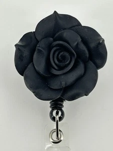 Black Rose Badge Holder Retractable Clip - Picture 1 of 6