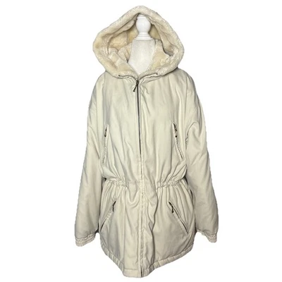 Women’s 90’s Retro Ivory Hooded Winter Parka Coat Faux Fur Lined Size Large - Image 1 of 4