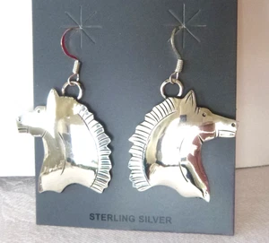 NWT Navajo Louise Yazzie Solid 925 Sterling Silver Horse Heads Earrings  2" - Picture 1 of 4