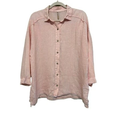 XCVI 100% Linen Button Up Top Womens XL Peach Pink 3/4 Sleeve Raw Hem Coastal - Image 1 of 4
