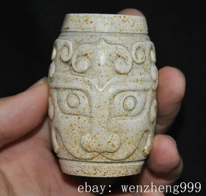 2.4"old China Ancient old jade Carved Animal face Jade cong Sacrifice Statue - Picture 1 of 7