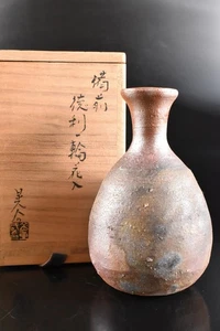 U1341: Japanese Bizen-ware Youhen pattern FLOWER VASE Ikebana, auto w/signed box - Picture 1 of 10