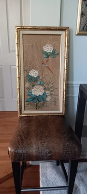 Asian Watercolor Painting Cork Paper Bird / Floral Bamboo Frame Signed 16 x 28 - Image 1 of 4