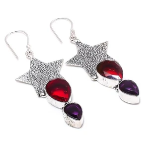 Red Garnet, Amethyst Gemstone 925 Sterling Silver Jewelry Earring 2.56 " - Picture 1 of 5