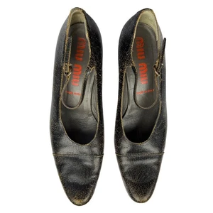 Vintage 2001 MIU MIU Size 37 Black Crackle Leather Mary Janes Kitten Heels Y2K - Picture 1 of 16