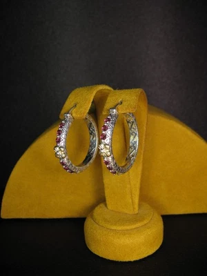 BARBARA BIXBY EARRINGS RHODOLITE GARNET HOOPS 18K SS CARVED FLOWER Gemstone Gift - Image 1 of 2