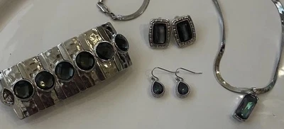 Juego de 7 piezas de joyería de plata abulón: 2 pares de pendientes pulsera colgante collar Foto 1 de 4