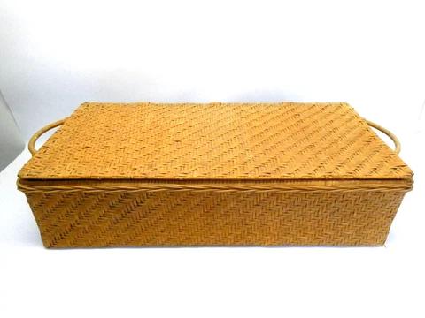 Vintage Rattan Style 2 Handle Decorative 10 Square Compartment Hinged Lid Basket Cover