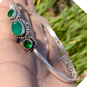 Chrome Diopside & Green Onyx Gemstone 925 Sterling Silver Fancy Cuff Bracelet - Picture 1 of 5