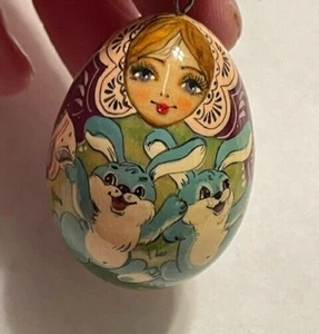UNIQUE Russian Nesting Doll Style w Bunnies PENDANT ~ Painted Wood Matryoshka - Picture 1 of 5
