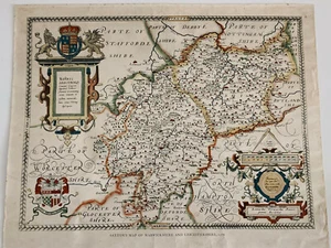 Vintage Saxton's Map Of Warwickshire & Leicesterhire 1576 Lithograph Coloured - Picture 1 of 10