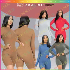 Women's Mock Neck Ribbed Knit Bodycon Jumpsuit??Zip Up Back Long Sleeve Romper - Picture 1 of 11