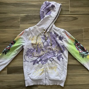 Christian Audigier Hoodie Full Zip Purple Roses Bedazzled Womens Size Medium Y2K - Picture 1 of 7