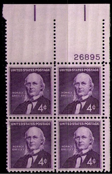 US USA Sc# 1177 MNH FVF PLATE # BLOCK Horace Greeley Editor Publisher NY Tribune - Image 1 of 1