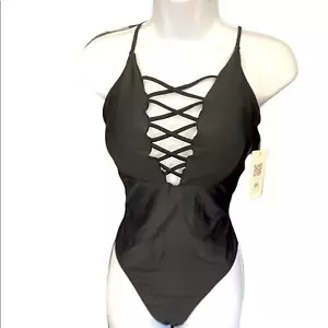 NWT One Piece Bathing Suit Womens L Black High Rise Fitted Strappy Sexy - Picture 1 of 6