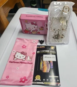 iphone 15 Case Hello Kitty Gold Clear Bling Screen Protector Stand Bag Read!! - Picture 1 of 6