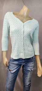 Suéter Talbots Verde Menta MEDIANO CUELLO EN V Manga 3/4 Cable Tejido Cárdigan Top USADO - Imagen 1 de 6