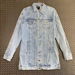 Forever 21 Men Long Distress Paint Splatter Blue Denim Button Up Jean Jacket XS - Picture 1 of 9