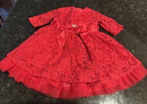 RARE EDITIONS Toddler 12M Red Lace Dress Rhinestone Decor On Satin Belt Ruffle
