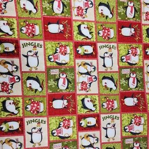 Debbie Mumm Penguins Jingles Cotton Fabric 1 yard Christmas Winter Red Green - Picture 1 of 5