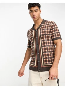 Abercrombie & Fitch Brown 70's Border Pattern Knit Polo Shirt Size M NWT - Bild 1 von 6