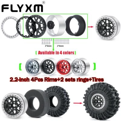 FLYXM RC 4Pcs 2.2" Wheel Tires Tyre & Beadlock Rim w/ Rings For 1/10 RC Crawler - Image 1 of 4